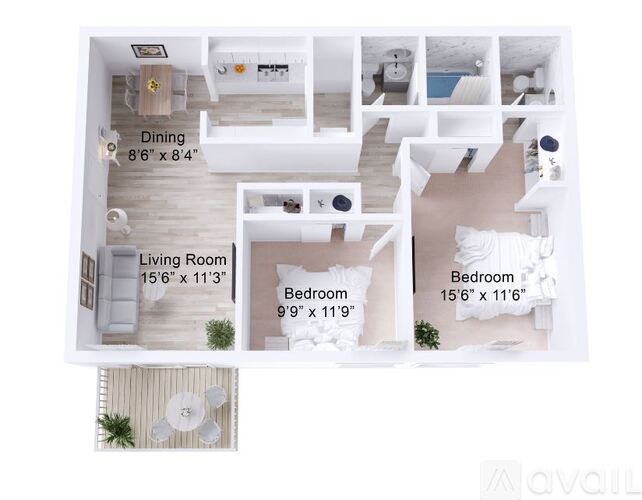 A floor plan of a small apartment with a living room, two bedrooms, and a dining area.
