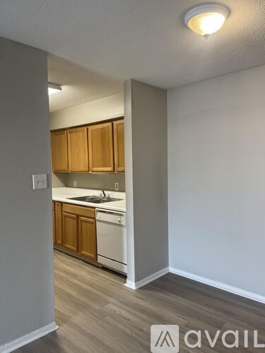 A kitchen with wooden cabinets and a white dishwasher.