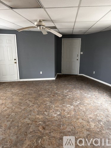 A room with a ceiling fan and two doors.