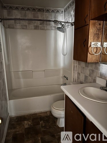 A bathroom with a toilet, sink, and shower.