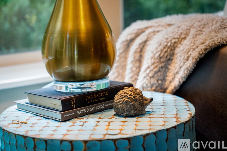 A table with a book titled "The Pacific" and another titled "Ray's Boathouse" with a decorative object on it.