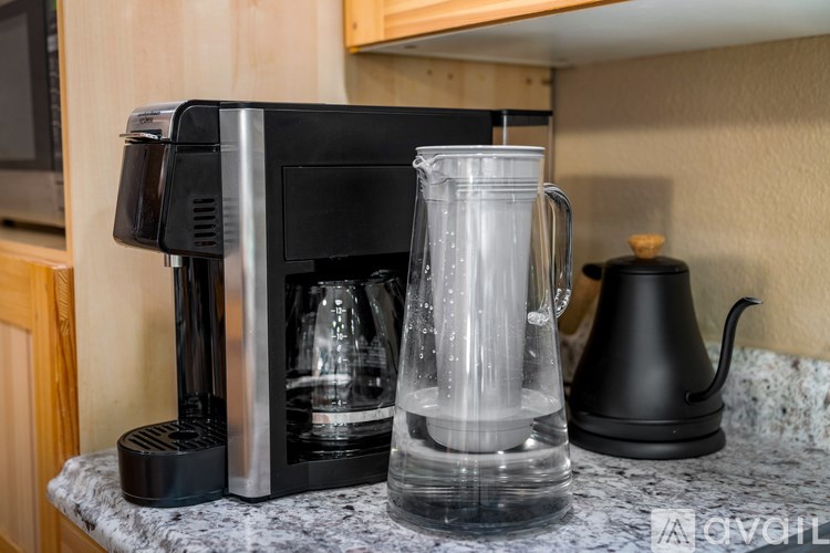 A black coffee maker with a glass carafe and a black kettle on a marble countertop.