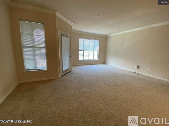 A spacious room with beige carpeting and two windows.