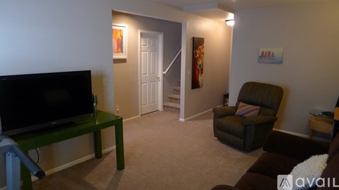 A living room with a green sofa and a black television.