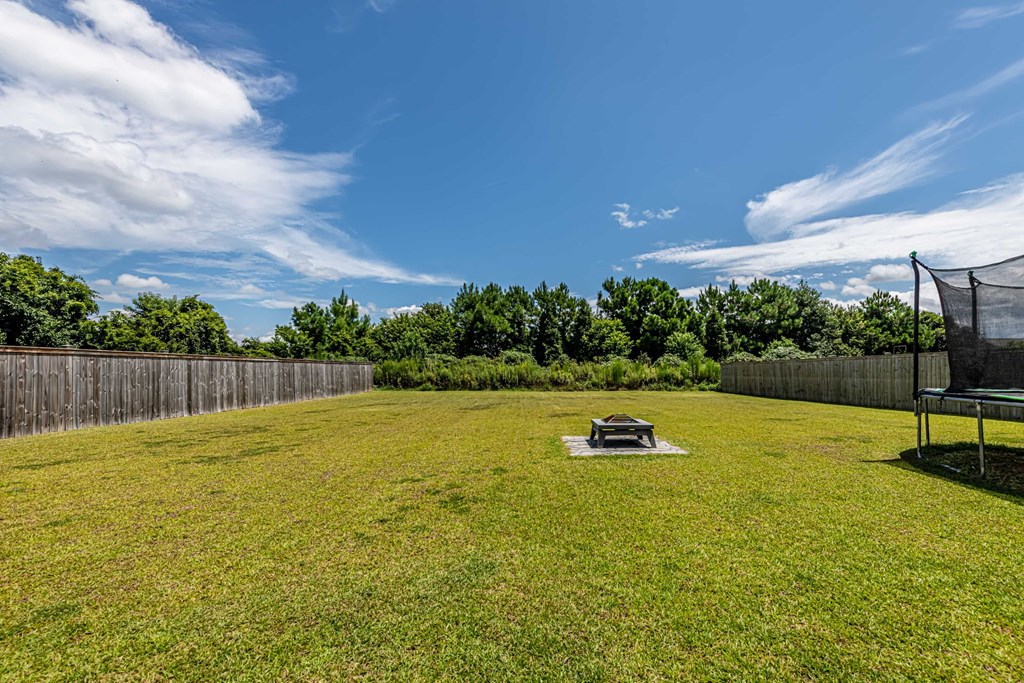 A backyard with a wooden fence and a green lawn.