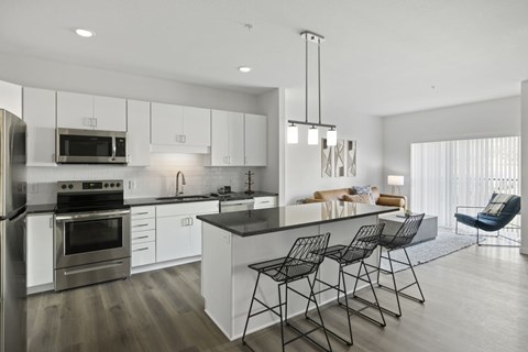 A modern kitchen with a black countertop and stainless steel appliances.