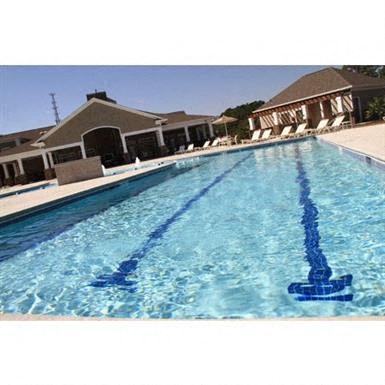 a large swimming pool with a house in the background