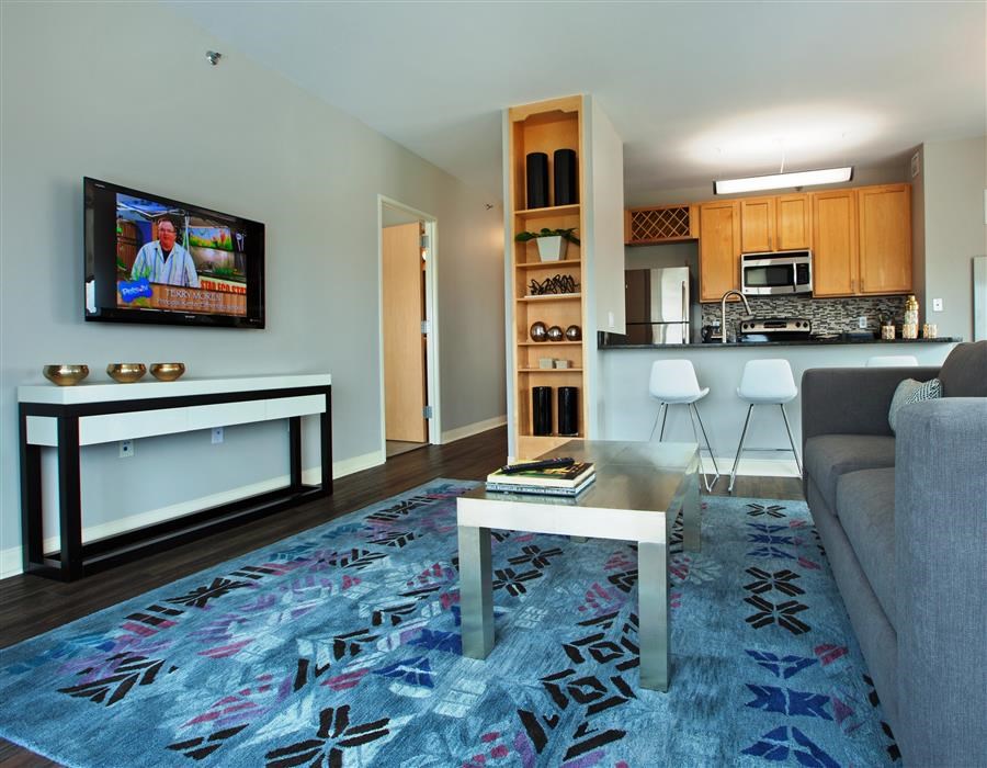 a living room with a couch and a table and a television