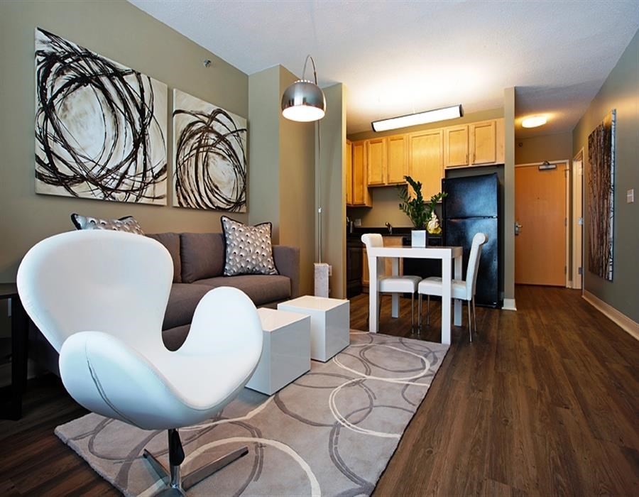 a living room with a couch and a table