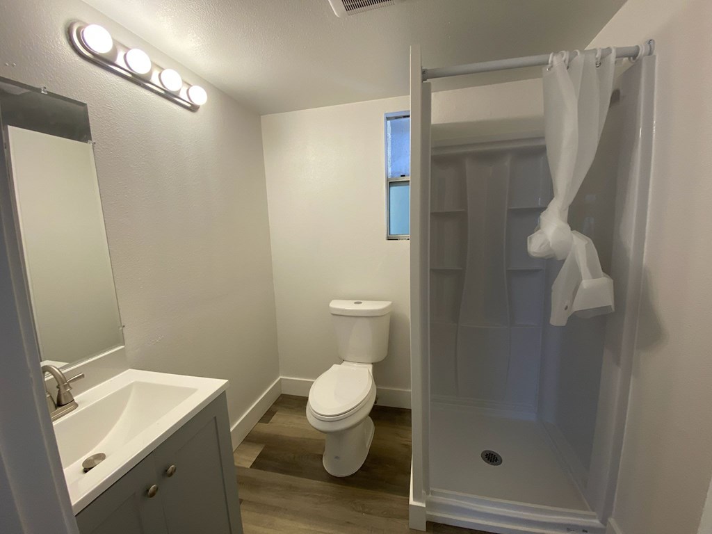 A bathroom with a toilet, sink, and shower.