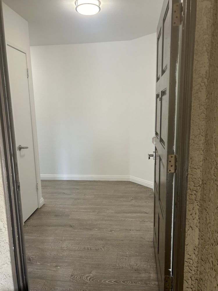 A hallway with a white door and a grey carpet.