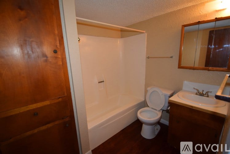 A bathroom with a toilet, sink, and mirror.
