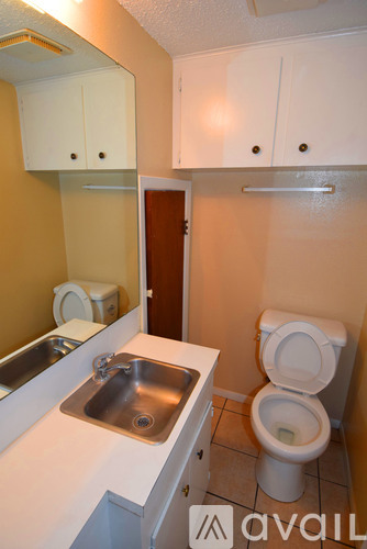 A bathroom with a toilet, sink, and mirror.