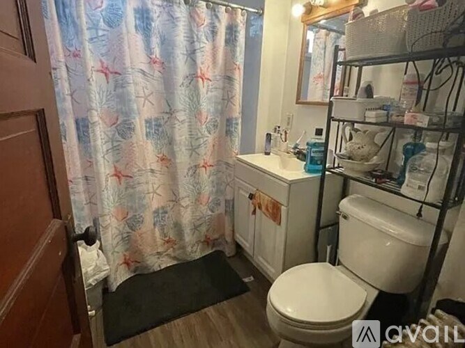 A bathroom with a toilet, sink, and shower curtain.