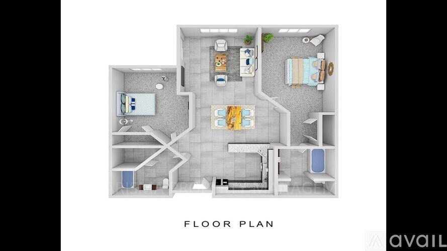 A floor plan of an apartment with a kitchen, living room, and two bedrooms.