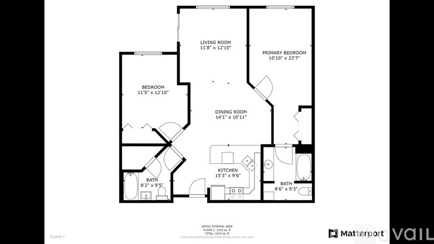 A floor plan of an apartment with a living room, dining room, kitchen, and two bathrooms.