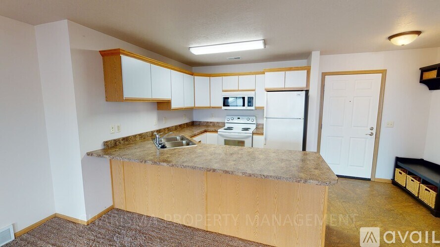 A kitchen area with a counter and cabinets.