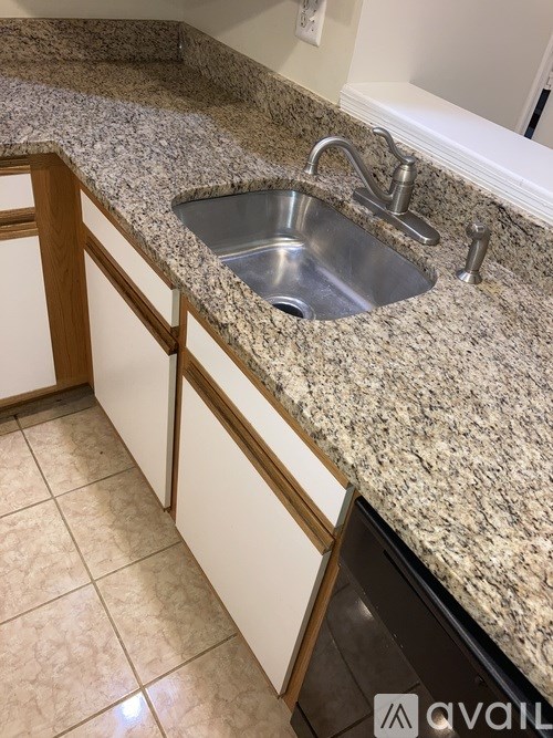 A granite countertop with a sink and a faucet.
