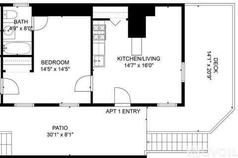 A floor plan of an apartment with a bedroom, bathroom, kitchen/living room, and patio.
