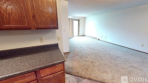 A kitchen with wooden cabinets and a countertop is available for rent.