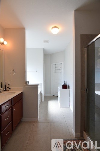 A bathroom with a sink and a mirror.