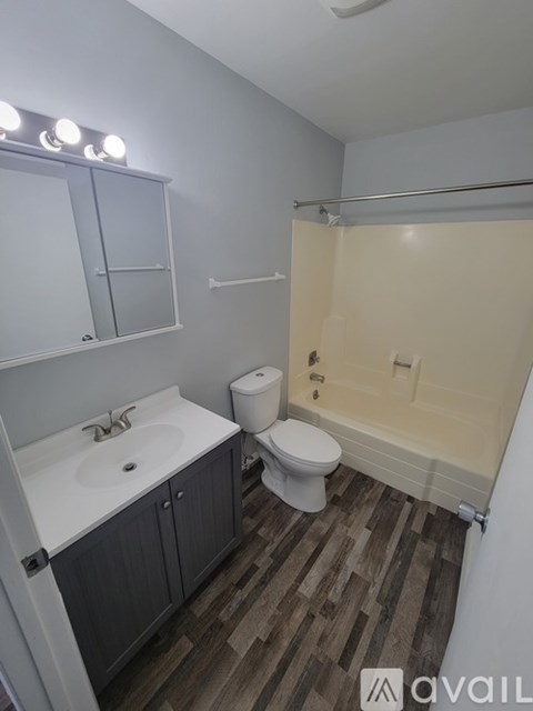 A bathroom with a sink, toilet, and shower.