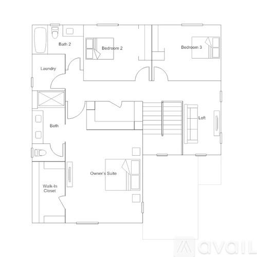 A floor plan of a house with three bedrooms and a laundry room.