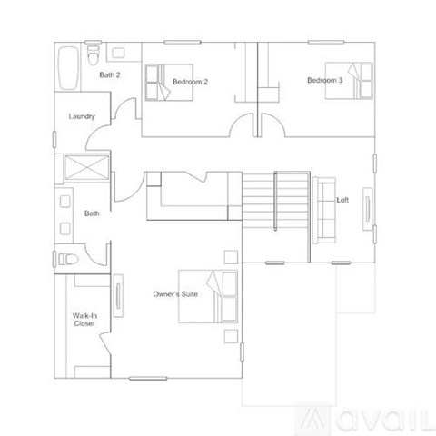 A floor plan of a house with three bedrooms and a laundry room.