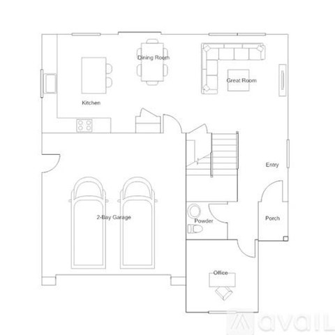 A floor plan of a house with a kitchen, two bay garage, a powder room, a porch, an office, a great room, and a dining room.