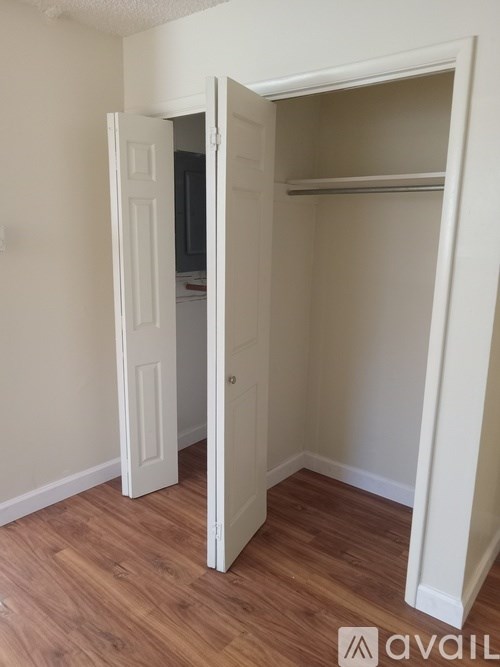 A white door is open to a small closet.