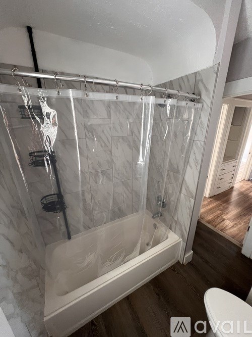 A bathroom with a shower curtain and a toilet.