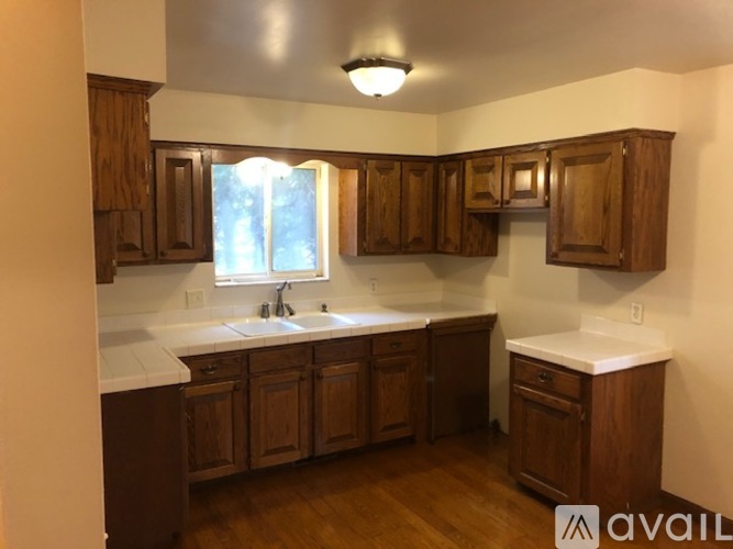 A kitchen with wooden cabinets and a window.