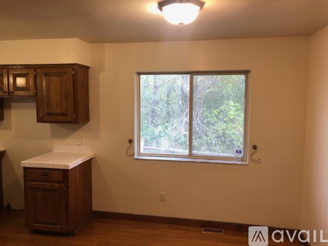 A kitchen with wooden cabinets and a window overlooking trees.