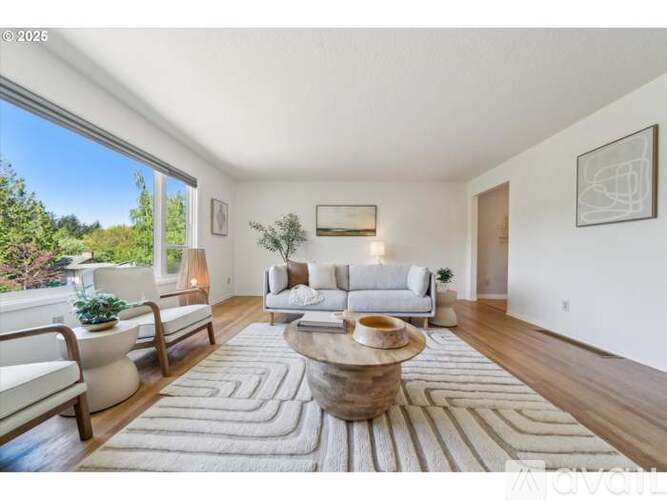 A living room with a white couch and a rug.