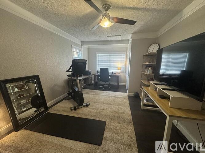 A room with a ceiling fan, a television, and a workout bike.