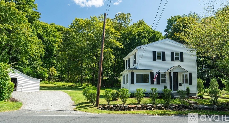 A white house with a flag on the front porch is surrounded by greenery.