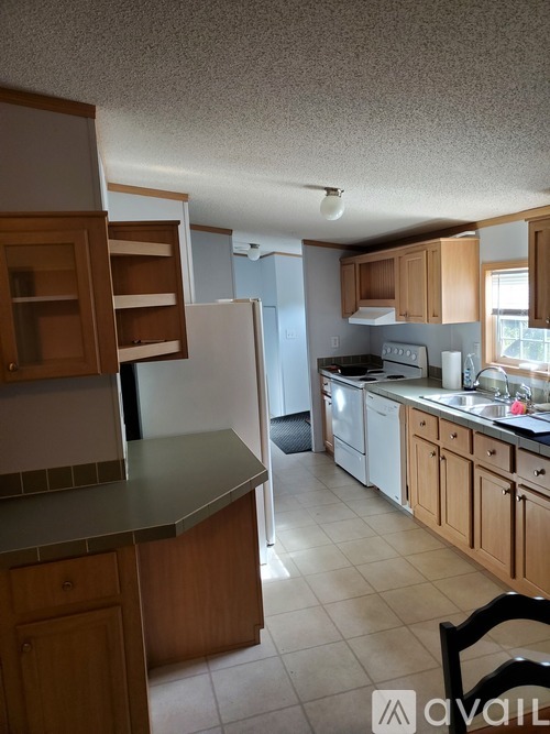 A kitchen with wooden cabinets and a white refrigerator.