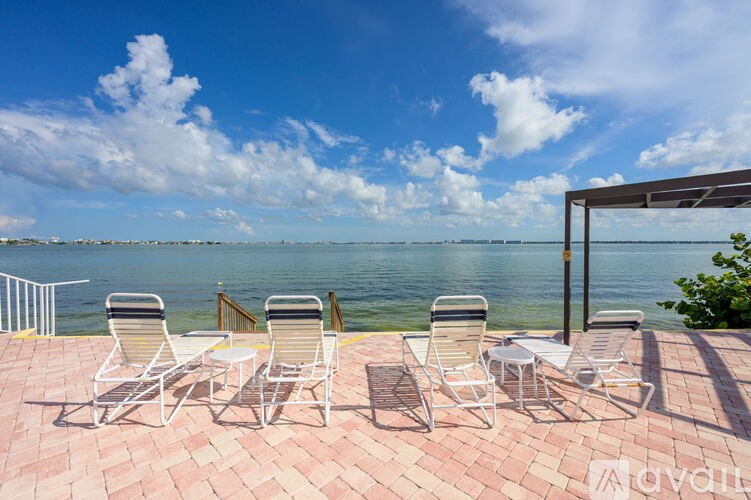 A row of white chairs are on a patio overlooking the water.