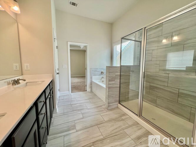 A bathroom with a walk-in shower and a sink.
