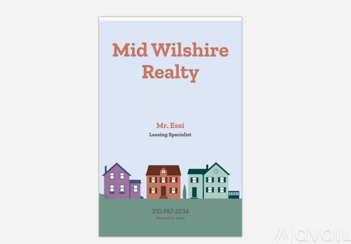 A business card for Mid Wilshire Realty with a background of houses.