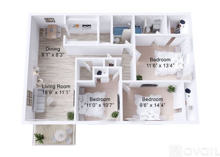 A diagram shows the layout of a small apartment with a living room, two bedrooms, and a dining area.