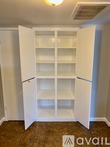 A white empty pantry with a white door.