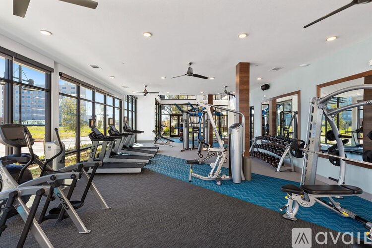 A gym with a row of treadmills and elliptical machines.