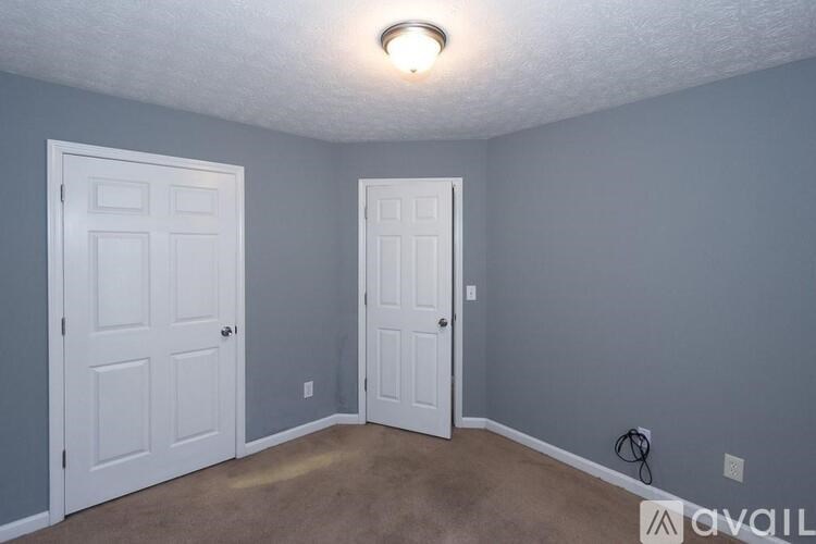 A room with two white doors and a carpeted floor.