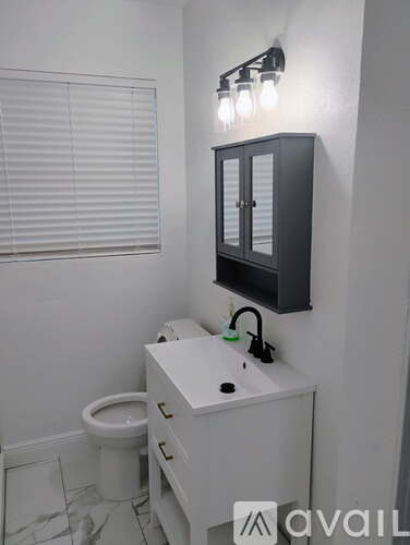 A bathroom with a toilet, sink, and a cabinet with lights above it.