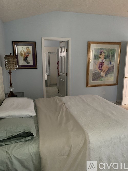 A bedroom with a bed, a nightstand with a lamp, and two pictures on the wall.