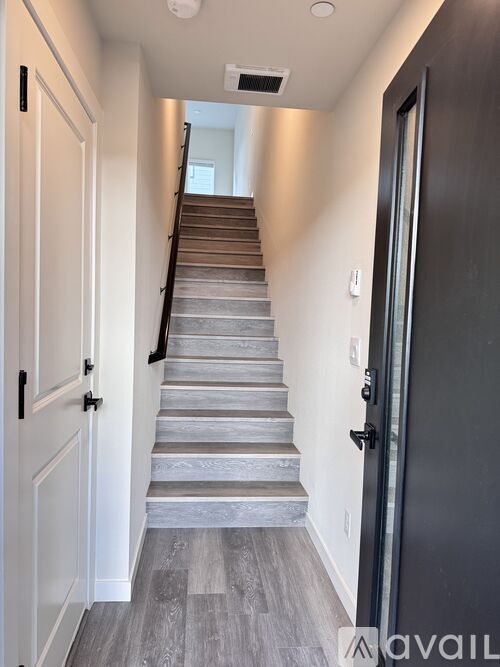 A long staircase with a black door at the end.