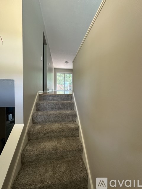 A staircase with a carpeted runner and a white handrail.