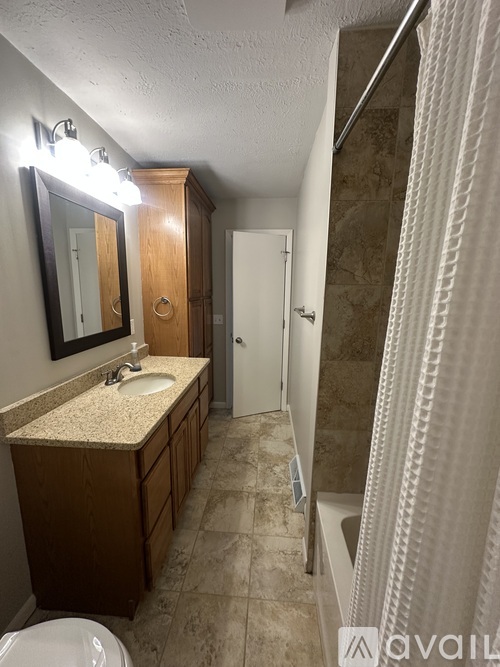 A bathroom with a sink, mirror, and shower.