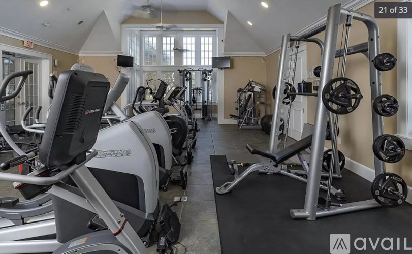 A gym with a row of treadmills and elliptical machines.